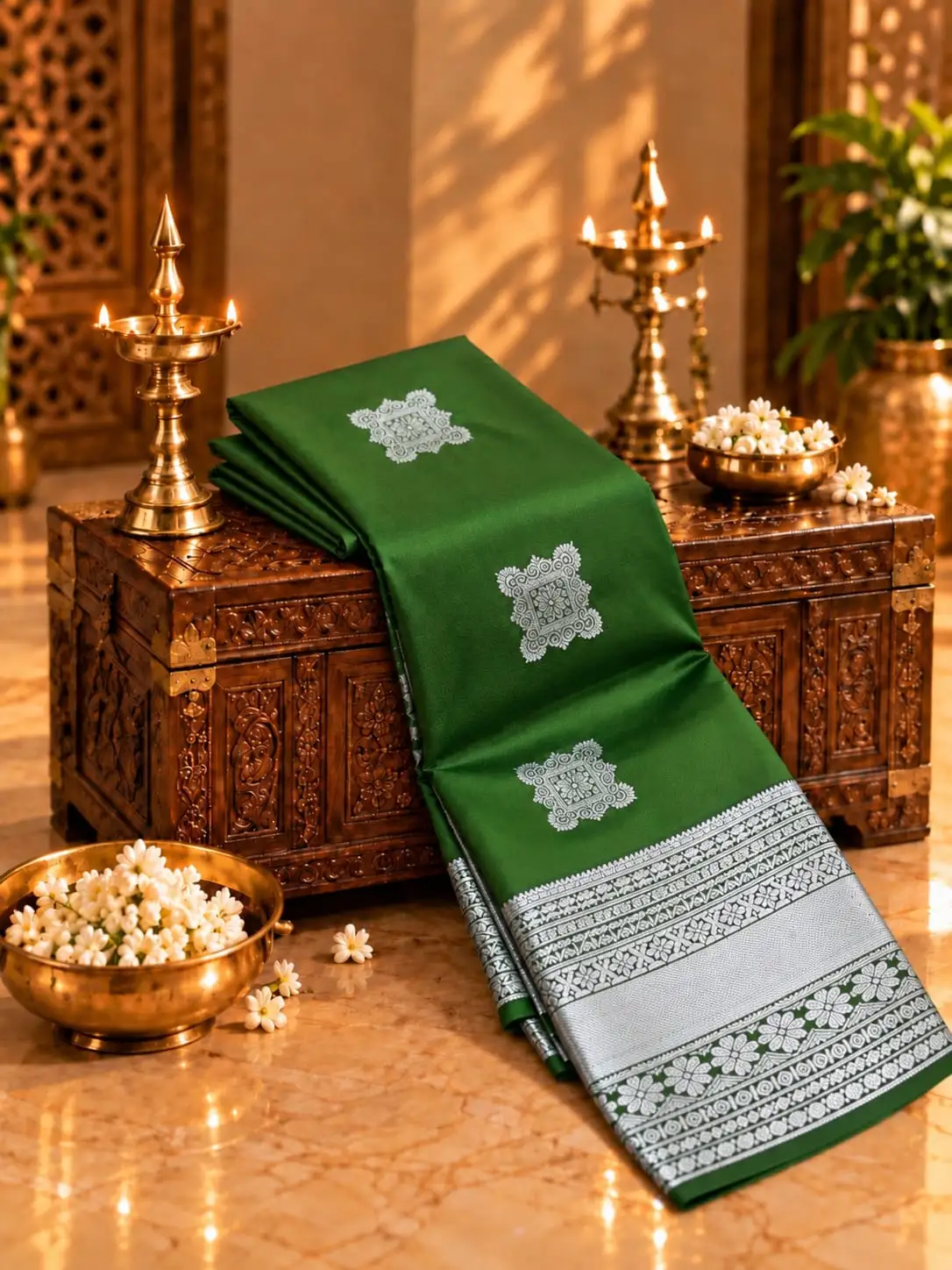 Floral Medallion Zari Border Soft Silk Saree